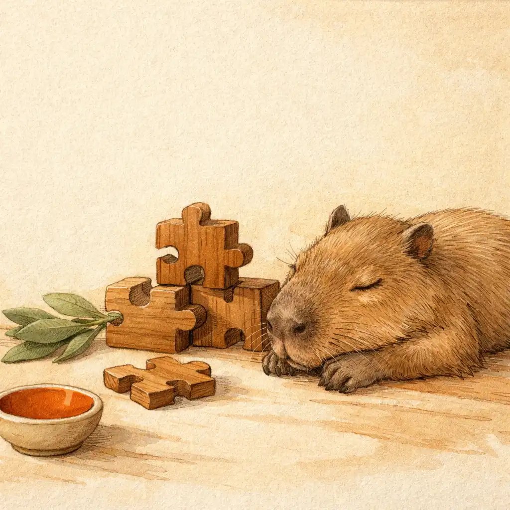 Ilustracyjna kapibara odpoczywająca przy drewnianych klockach puzzle i liściu szałwii