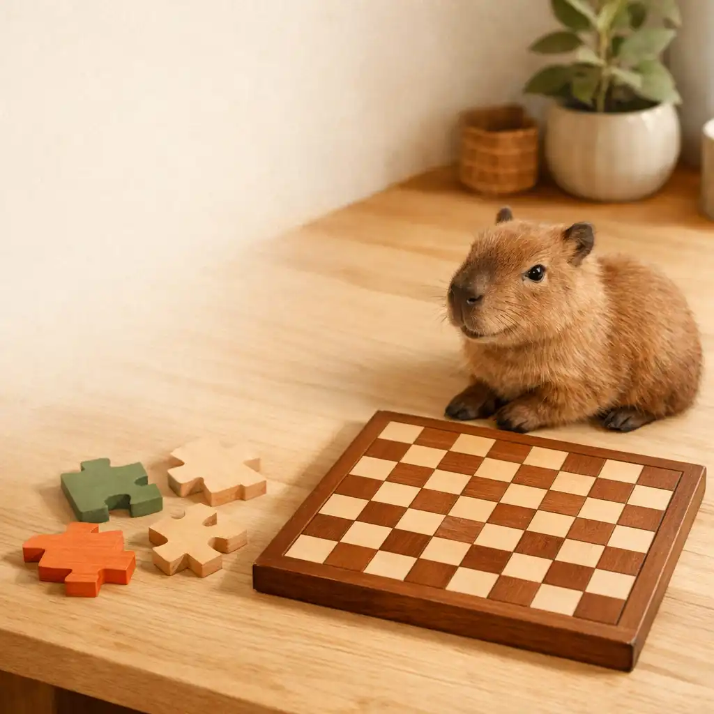 Kapibara obok drewnianej planszy 8×8 i klocków puzzle na jasnym stoliku